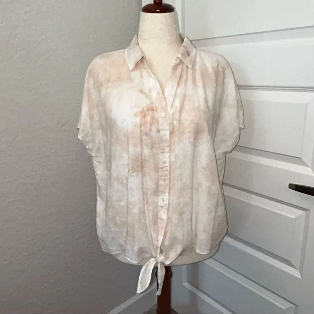 Wonderly Tie Dye Button Front Short Sleeve Tie Linen Blend Shirt Blouse Top